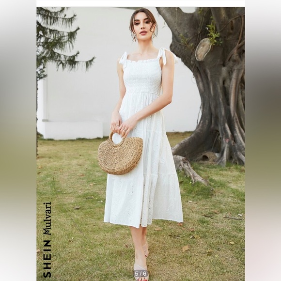 SHEIN Mulvari Shirred Knot Shoulder
Ruffle Hem Schiffy MIDI Dress Size M
White - Picture 4 of 14